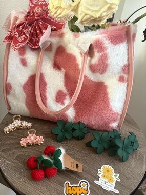 Pink & White Faux Fur Cow Print Tote Bag and hair Combo!